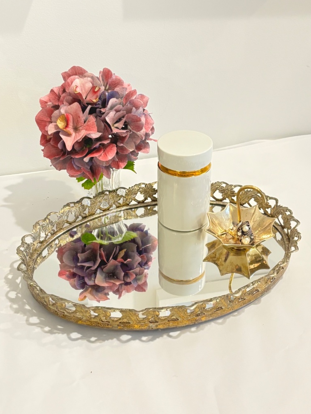 Vintage 1960/70's footed metal oval mirror vanity tray Hollywood glam filagree